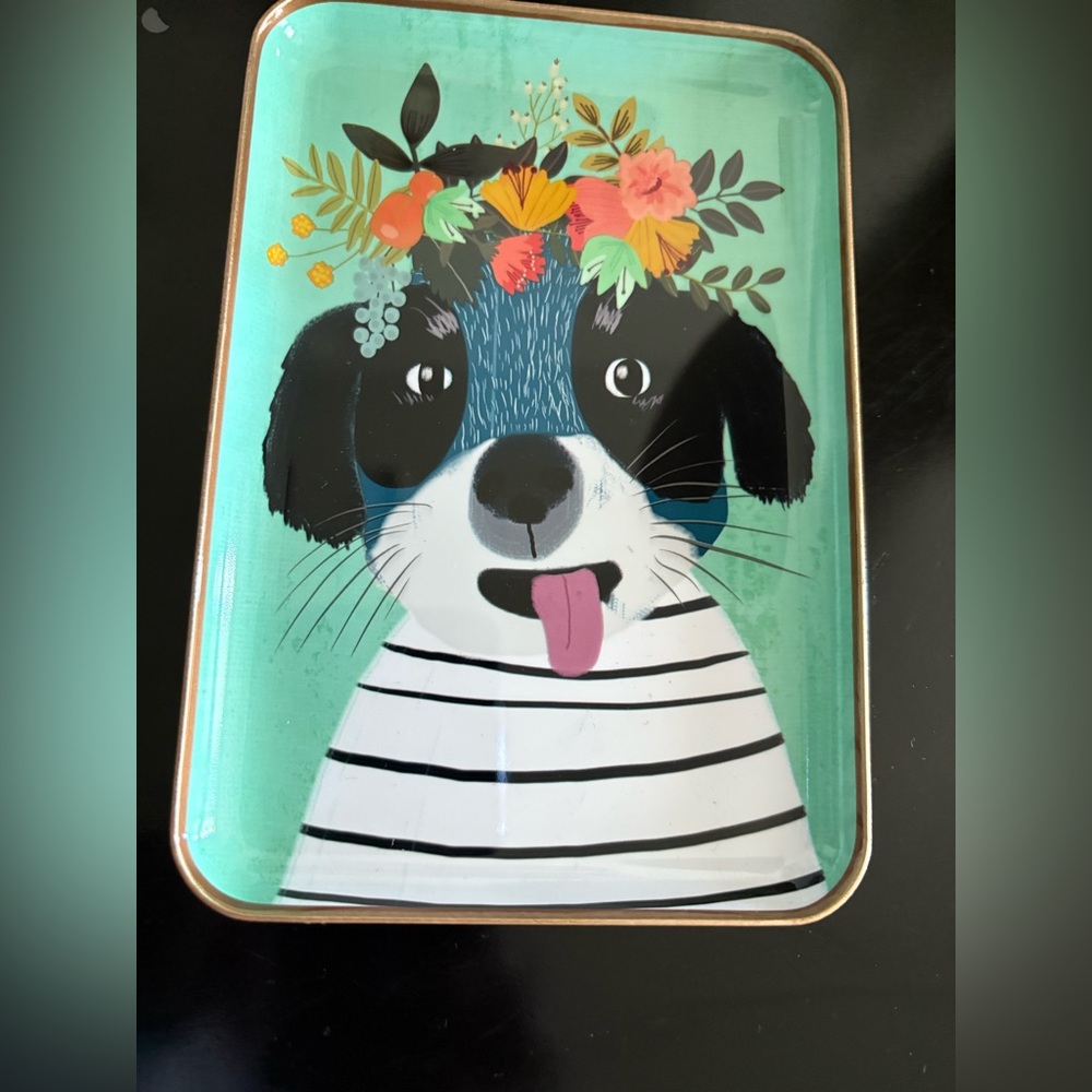 Justina Blackney Design Catchall Metal Tray Dog with Floral Crown